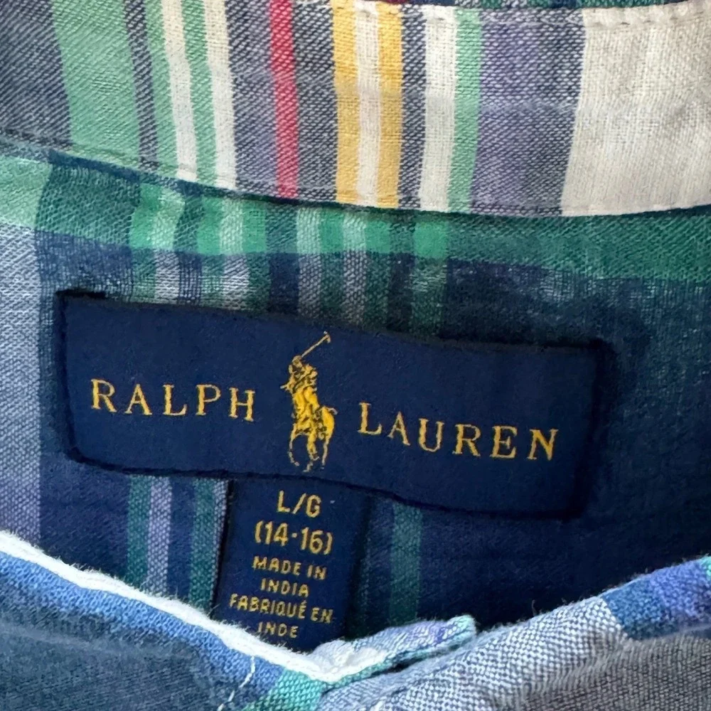 Ralph Lauren Boy Large 14-16 Plaid Palm Tree Short Sleeve Button Down Shirt Blue